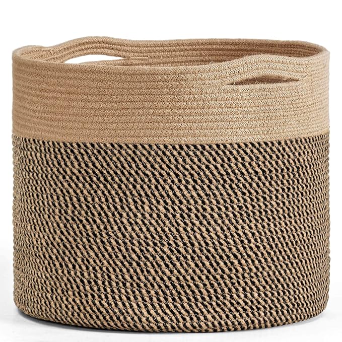 Goodpick Wicker Basket for Blankets Fit Nursery & Living Room, 45L | 15.8 x 15.8 x 13.8 In Storage Basket for Toys Shoes, Cute Baby Laundry Hamper for Towels, Clothes, Jute