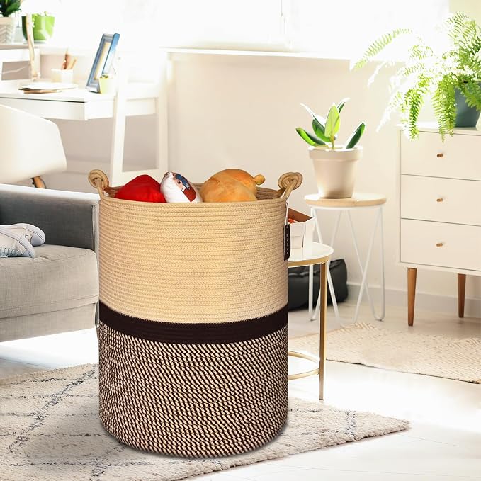 COMSE Tall Woven Blanket & Laundry Basket, 72L, Blend Brown & Black | 15.7”x 21.7”, Cotton Rope, Large Nursery Hamper for Storage of Toys Clothes Towels, Great for Living Rooms Bedrooms Bathrooms