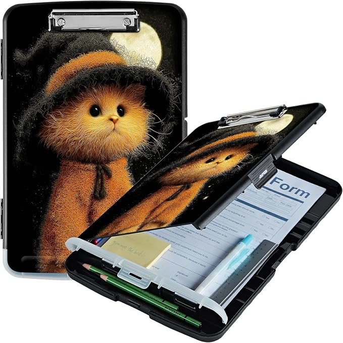 A4 Clipboard with Storage Pen Holder, Clipboards Organizer Nursing Clipboard Foldable File Folder Plastic Clipboard Folio Clip Board for Office Work Classroom Doctor, Black Hat Kitten