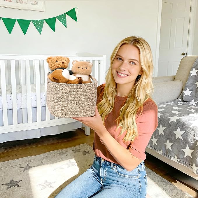 3 Pack Cube Storage Bin, 9”x9”x7” Cotton Rope Woven Baskets for Organizing Toys Clothes Towels, Square Gift Storage Baskets for Shelves, Nursery, Closet, Bathroom, Pantry (Jute)