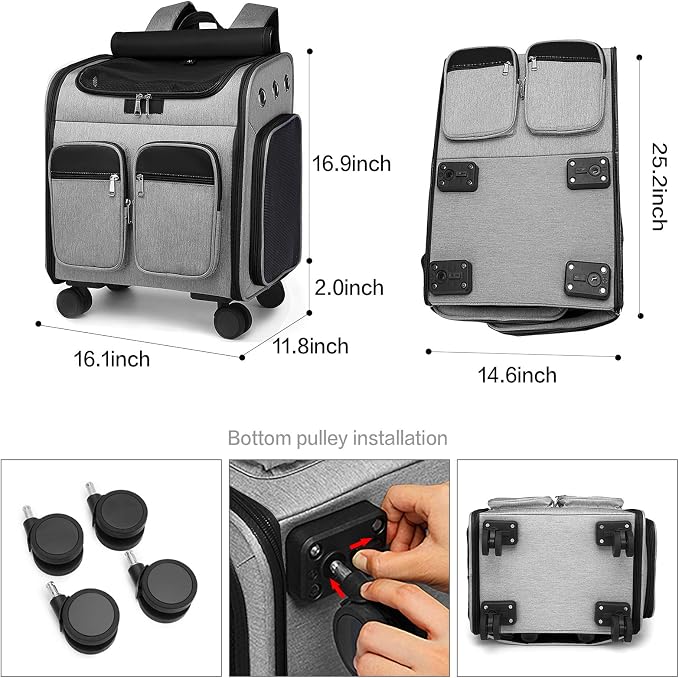 Wheeled Pet Carrier Backpack Pet Stroller, Travel Carrier, Car Seat for Small Dogs Cats Puppies, Comfort Cat Backpack Removable Rolling Wheels – Mesh Ventilation Windows (Large Grey)