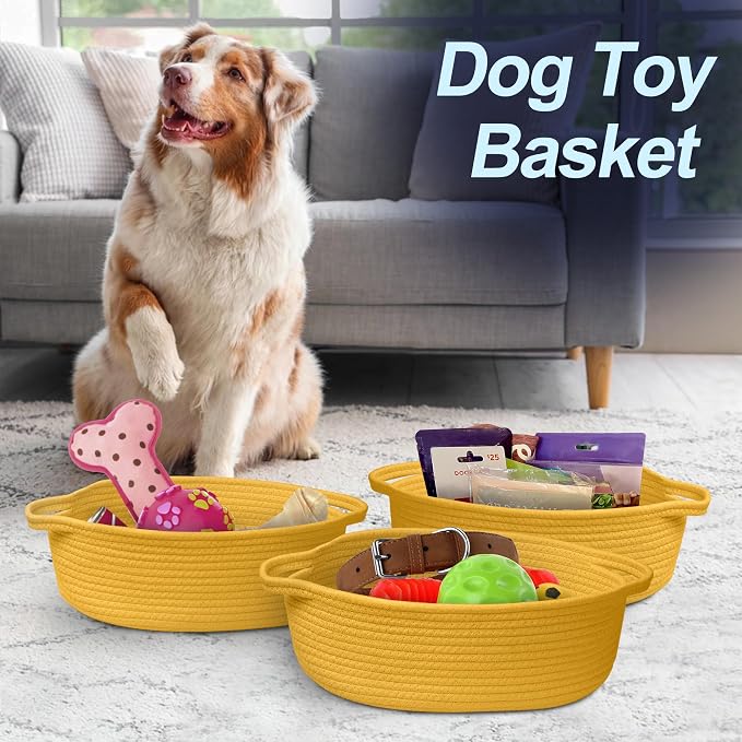 Yellow Woven Basket, 13" x 9" x 5" Baskets for Gifts Empty, Cute Cotton Rope Cat Dog Toy Bin Box, Small Woven Bin for Organizing, Yellow Room Decor, Nursery Cloth Diaper Storage Organizer