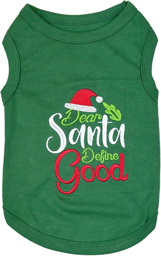 Parisian Pet Dog Tshirt - Embroidered “Dear Santa Define Good“ Dog Christmas Shirt - 100% Cotton Shirt - Sleeveless Clothes - Machine Washable Dogs Vest - Shirts for Large Dogs - 3XL