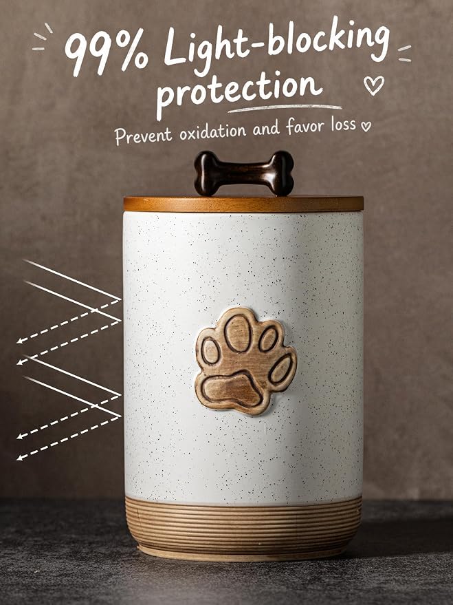 Miamolo Dog Treat Container with Lid, Airtight Dog Treat Jar for Countertop | 8 Cups Ceramic Small Dog Food Canister | Decorative Training Dog Cookie Jar with Handle | Premium Pet Gift, Paw Dotted White