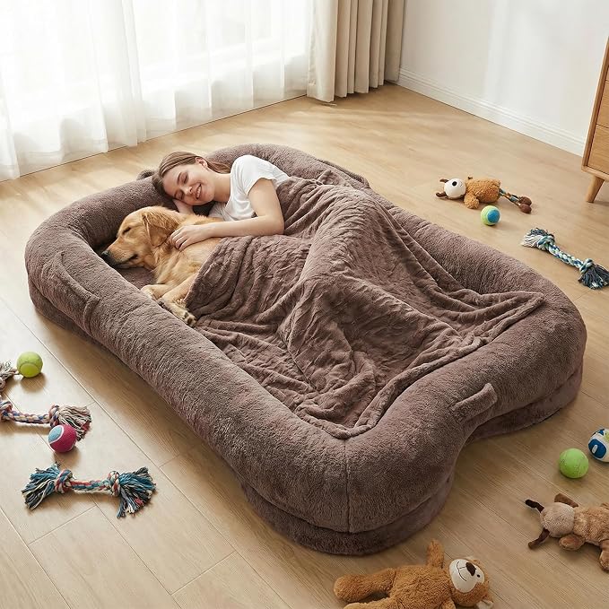 Human Dog Bed 71 x 47 x 12 in, Brown | Memory Foam Dog Bed for Humans & Large Pets, Removable & Washable, with Storage Pocket