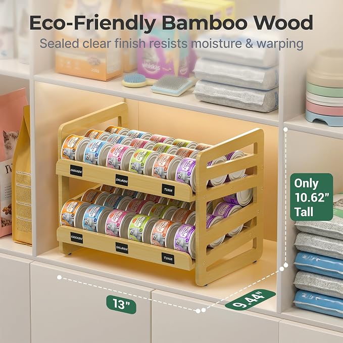 Cat Food Can Organizer for 3 oz and 5.5 oz Cans, Wooden FIFO Dispenser | Canned cat food organizer with FIFO lanes, write-on labels, marker and anti-slip pads for pantry shelves and feeding stations