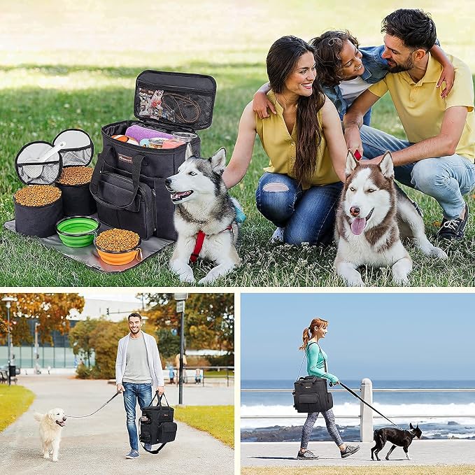 Modoker Dog Travel Bag with 2 Collapsible Dog Bowls, 1 Dog Backpack, Airline Approved Pet Travel BagOrganizer for Supplies & Accessories, 2 Travel Dog Food Container, Black | Dog travel accessories set with feeding supplies, bowls, mat, and strap. Idea...