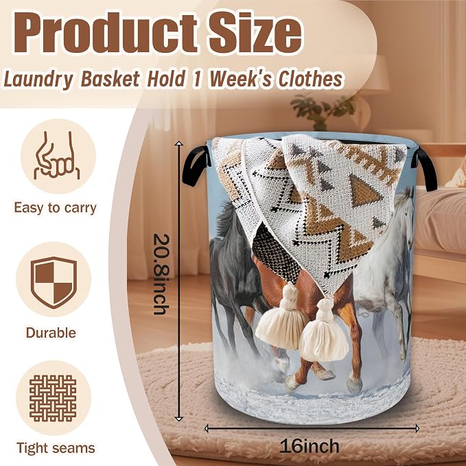 Horses Gallop Laundry Hamper,Laundry Baskets,Waterproof Oxford Cloth Toy Storage for Bedroom,Bathroom,Nursery,16x20.8 Inch