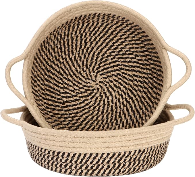 Sea Team 2-Pack Compact Woven Cotton Rope Storage Baskets, Mottled Flaxen | Knitted Decorative Organizer Bins with Handles, Portable Round Containers for Small Items, Keys, Makeup, Jewelry, Trinkets