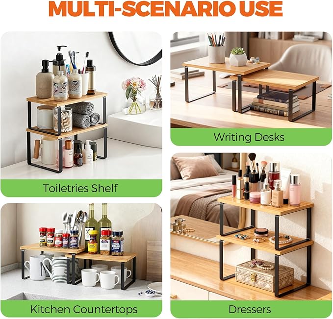 Cabinet Organizer Shelf, Kitchen Counter Shelf, Pantry Storage Riser | 4 Pack Ink Black & Natural Beige Shelves with Metal Legs, Stackable Countertop Risers for Kitchen, Pantry & Cabinet Storage