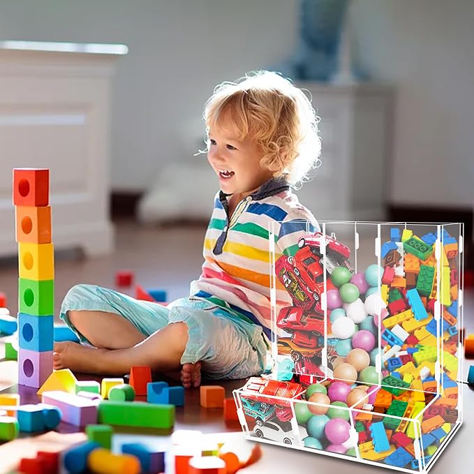 Montex Acrylic Wall Toy Dispenser, Acrylic Wall Storage, (Triple Compartment) Hanging Organizer and Storage Bin for Playroom, Blocks, Cars, Balls, Snacks