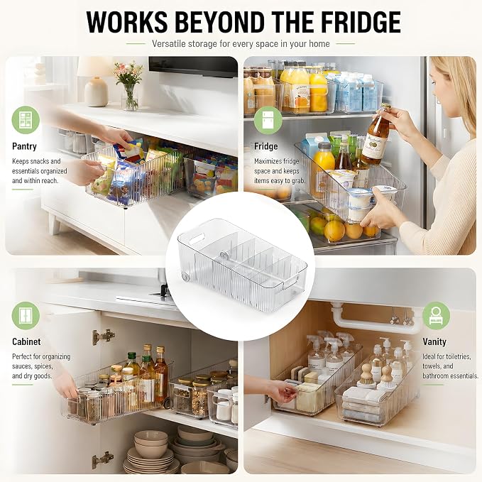 2 Pack Fridge Organizer Bins with Wheels, Clear Roll Out Refrigerator Drawers with Adjustable Dividers and Handles, PET Pantry Storage Bins for Drinks, Snacks, Cans and Cabinet