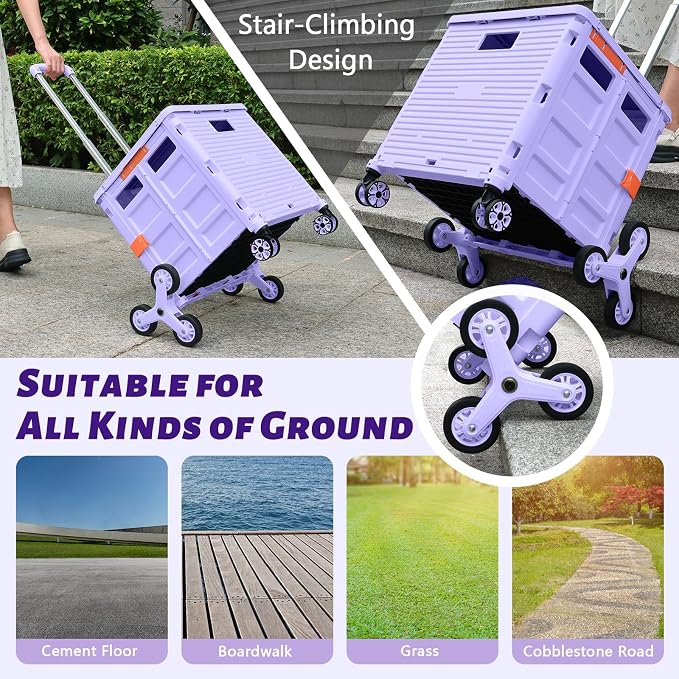 Foldable Utility Cart Collapsible Crate Rolling Carts with Stair Climbing Wheels Rolling Tote Basket Teacher Cart with Lid Wear-Resistant 360°Rotate Wheel Noiseless for Shopping Grocery Office
