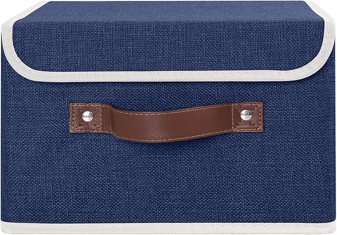ANMINY Fabric Storage Box Bins with Lids, Blue, 10"x8"x7" | Keepsake Memory Storage, Cotton Linen, PP Board Reinforced, Washable, PU Handles, Foldable & Stackable, Decorative, Small