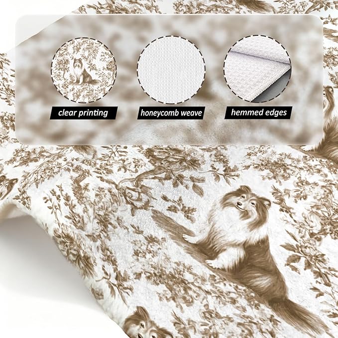 Rough Collie Kitchen Dish Towels,Brown and White Floral Dog Towel Dish Tea Towels, Chinoiserie Decor for Kitchen Bathroom,Rough Collie Gifts for Dog Lover Mom Dad,16x24 Inch