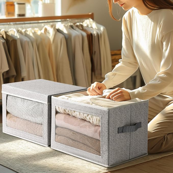 Storage Box with Lids - 5 Pack Foldable Clear Window Storage Bins, Large Decorative Storage Bins with Handles, Storage Containers for Clothes, Towel, Blanket, Sheet, Light Grey