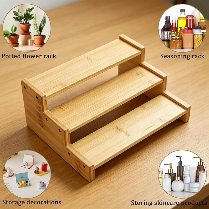 Natural Bamboo Can Organizer for Pantry, 3-Tier Countertop Storage Rack for Canned Food, Soda, Soup and Pet Food, Tiered Cabinet Shelf Display
