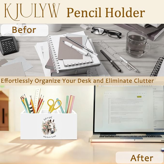 Horse Pen Holder for Desk, Horse Gifts for Women, Just a Girl Who Loves Horses Wooden Box Pencil Pen Holder Organizer for Home Office Desk Accessories