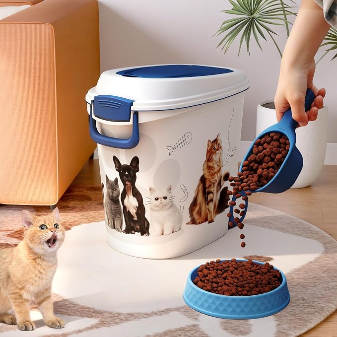 Pet Food Storage Container with Scoop & Slow Feeder Bowl – 40LB Large Capacity Dog Cat Food Dispenser, Durable Resin Dry Kibble Keep Food Fresh Organizer for Dogs Cats Birds, Blue