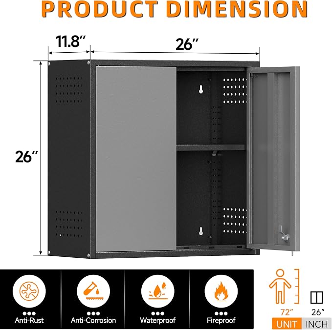 Garage Wall Cabinet with 2 Doors, Metal Wall Cabinet with Lock | 26''H Wall Mounted Cabinet, Lockable Floating Tool Cabinet, Steel Storage Cabinet for Kitchen,Office,Garage,Laundry,Warehouse