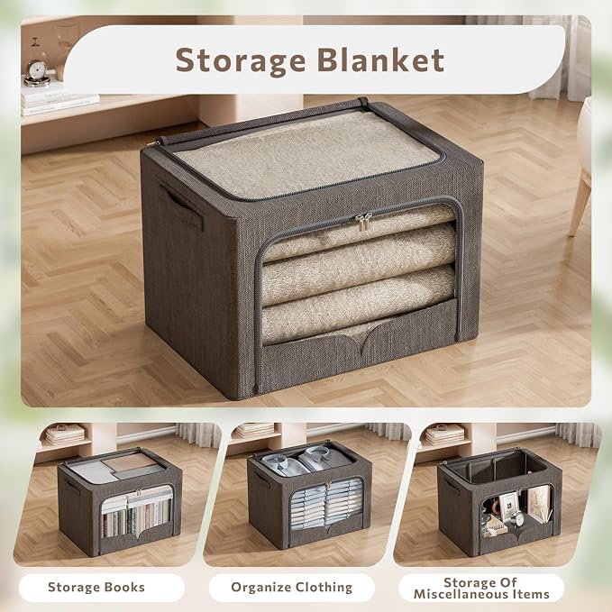 FHSQX 3 Pack Extra Large Clothes Storage Bins Foldable Metal Frame Storage Box Stackable Linen Fabric Organizer Set with Carrying Handles and Clear Window (Dark Gray, 23.6x16.5x15.7inch(100L))