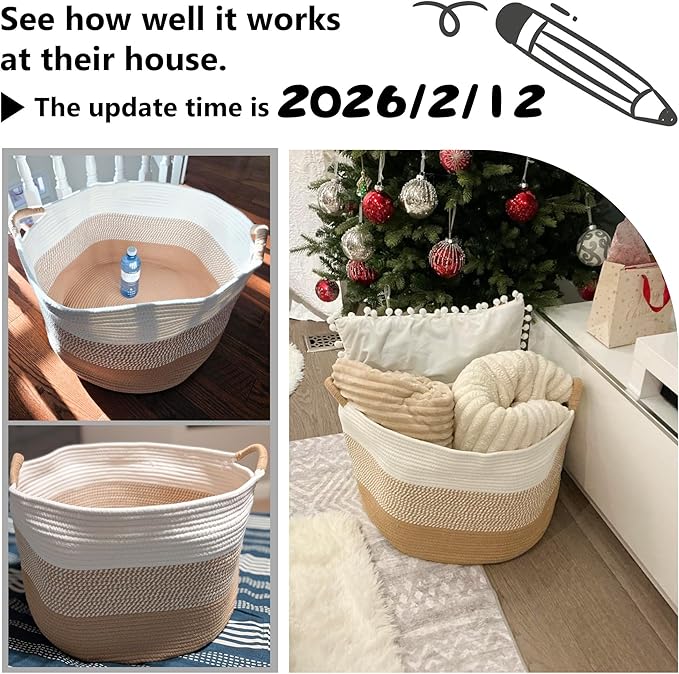 Artfeel 40L Large Cotton Rope Basket, Decorative Woven Blanket Storage for Living Room, Boho Toy Storage & Toy Box for Kids, Versatile Laundry Basket & Nursery Hamper for Blankets(Gery)