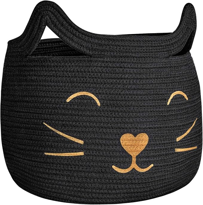 Large Woven Rope Cat Toy Basket with Cat Face Design, Black | 15.7" x 11.8" Toy Bin & Box for Living Room Nursery, Boho Storage Basket for Towels, Blankets, with Sturdy Handles