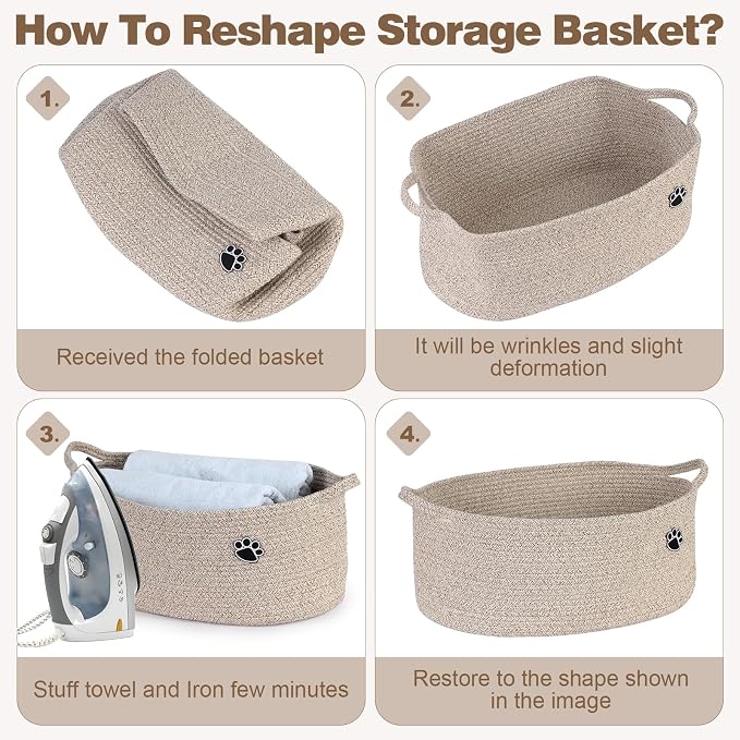 Optish 40L Extra Large Dog Toy Basket, 20" x 14" x 9" XL Toy Storage Box and Bin with Handles, Woven Cotton Rope Foldable Basket for Blankets, Living Room, Bedroom, Home Decor, Brown