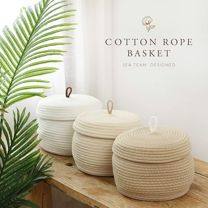 Sea Team Round Woven Cotton Rope Storage Basket with Lid, Khaki | Lidded Knitted Decorative Storage Bin, Pot, Caddy, Organizer, Container for Snacks, Towels, Plants, 10 x 7.5 Inches