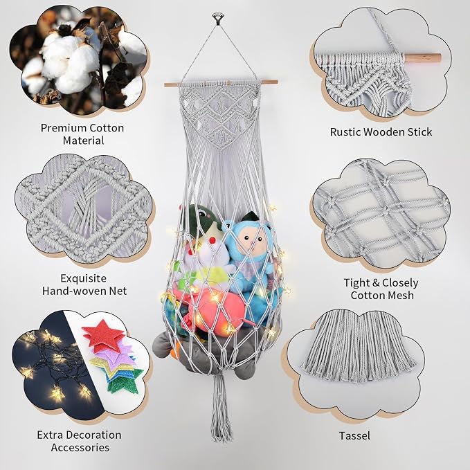 63 Inch Stuffed Animal Storage Corner,Macrame Toy Plushie Net,Gray | Wall Ceiling Over Door Hanging Hammock for Stuffed Animals,Toy Storage Display w/ Star Lights,Nursery Playroom Kid Room Decor