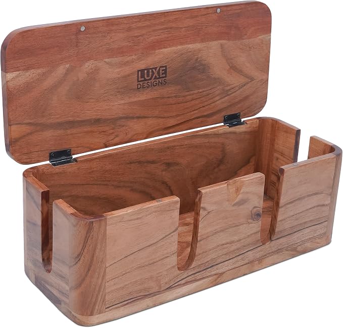 Acacia Cable Management Box - Rustic Design (Front Slots, Large)