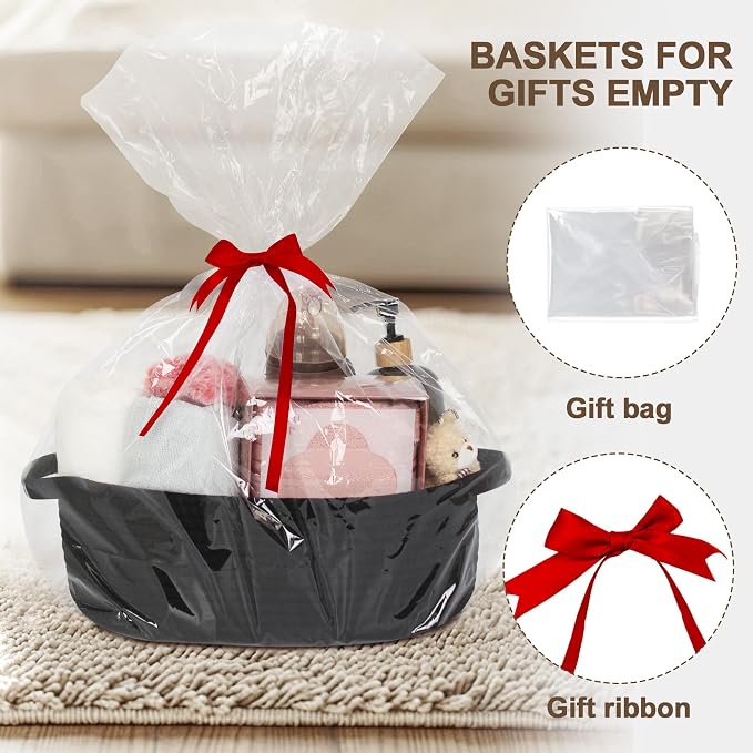 Small Baskets for Gifts Empty, 13"x 9"x 5" Woven Gift Basket with Bag and Ribbon, Cotton Rope Kids Dog Cat Toy Bin Box, Cute Baby Nursery Organizer, Decorative Storage with Handles (Black)