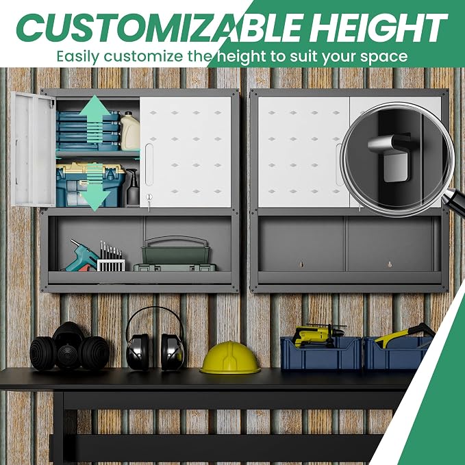 Garage Wall Cabinet,29.5" W Wall Mounted Garage Cabinets with Adjustable Shelf,Heavy Duty Lockable Metal Cabinet,Secure Hanging Tool Cabinet for Basement,Laundry Room,Workshop,Black/Grey