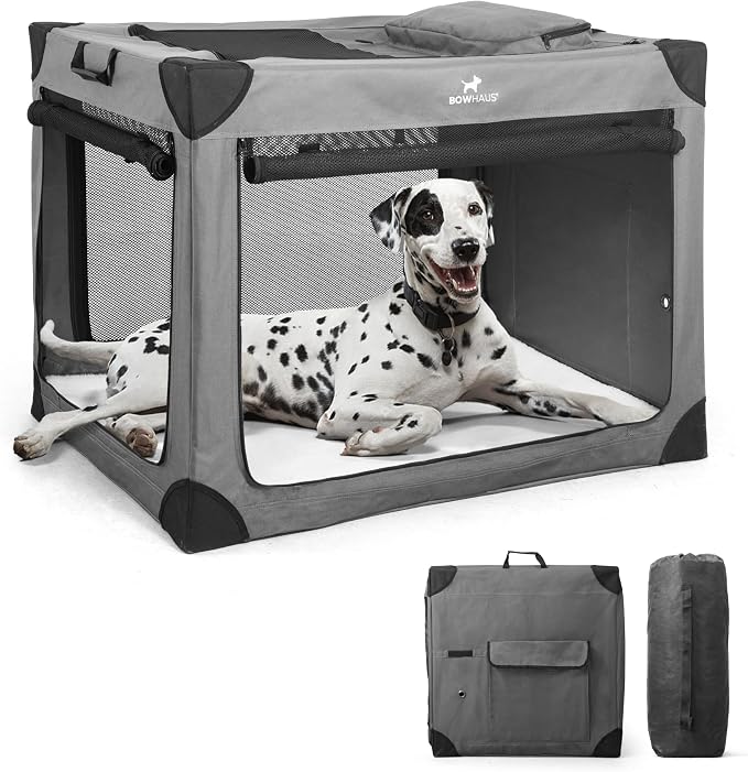 BOWHAUS 42 Inch Portable Travel Dog Kennel for Large Dogs with Durable Mesh Windows and 2 Storage Pockets, Indoor & Outdoor for Car, Soft-Sided Collapsible Dog Crate with 4 Breathable Mesh Door