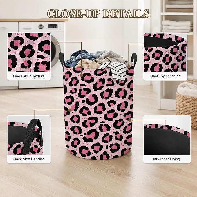 Pink Leopard Laundry Basket Oxford Cloth Laundry Hamper With Handle Foldable Portable Clothes Storage Basket Storage Bag For Laundry Room/Bathroom/Bedroom/Dormitory 20.8"x16"