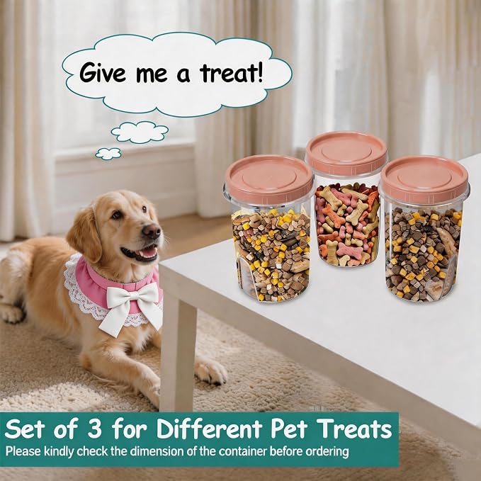 3 Pack Dog Treat Container, Airtight Reusable Cat Pet Treat Holder with Lid | Cute Cat Treat Cookie Container Set, Small Plastic Pet Dog Cat Food Storage Container, Pink