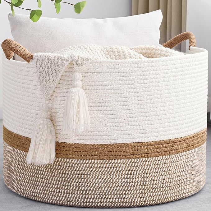45L Blanket Basket, 17.5"x11.5" Woven Storage Baskets With Handle, Cotton Rope Blanket Basket Living Room, Baby Laundry Basket for Blanket, Nursery, Toy, Pillow (White & Brown)