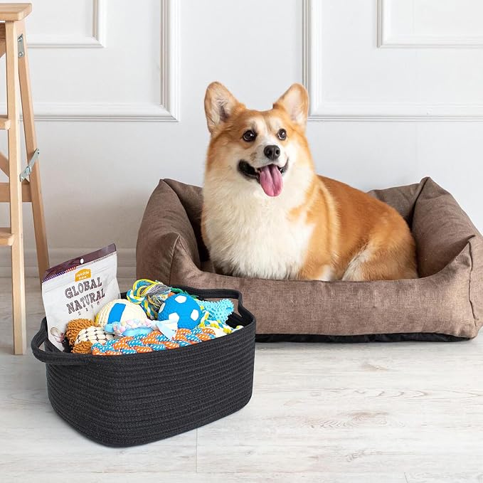 MEGASKET Black Woven Baskets for Organizing, Cotton Rope Baskets for Gifts Empty Medium, Cute Dog Toy Bin Box, Decorative Closet Bathroom Bedroom Storage Organizer, Wicker Black Bin for Towels, Books