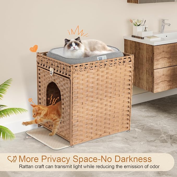 Snughome Cat Litter Box Enclosure Furniture Hidden with Litter Mat, Hidden Washroom Furniture with Door, Handwoven Rattan Cat Washroom Box, Indoor Pet House for Living Room, Bedroom(Natural)