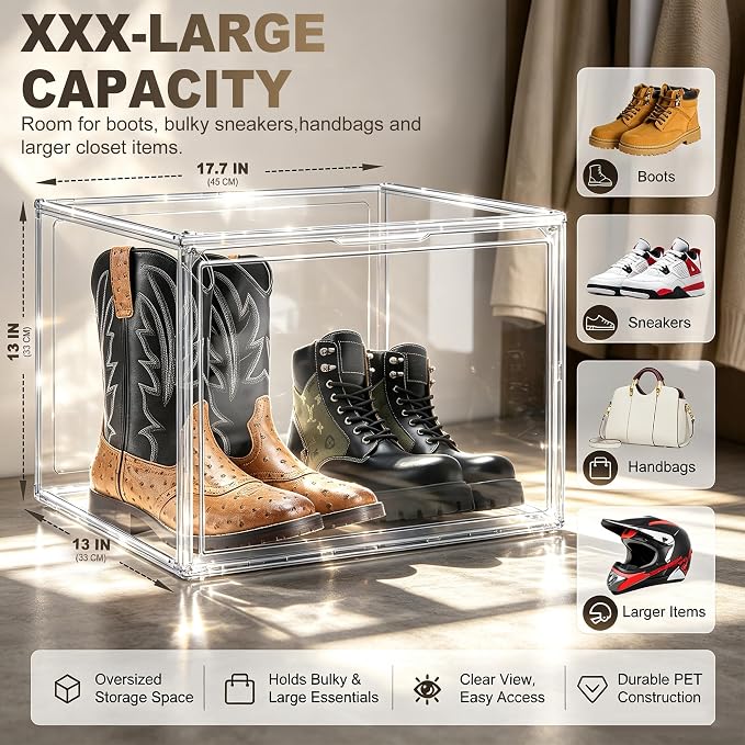 1 Pack Oversized Acrylic Boot Display, Clear Display Box for Boots&Handbags | 17.7 x 13 x 13 in XXX-Large PET box for boots, bulky sneakers, handbags and larger closet items,display closet organization