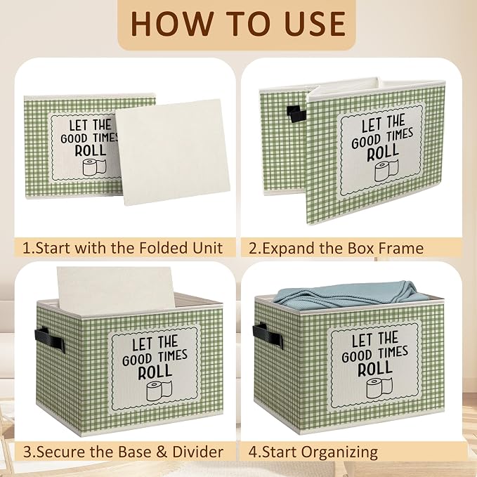 Funny Bathroom Foldable Storage Bins Box with Handles, Let the Good Times Roll Sage Green Gingham Plaid Decorative Storage Boxes Baskets Organizer for Washroom Guest Bathroom