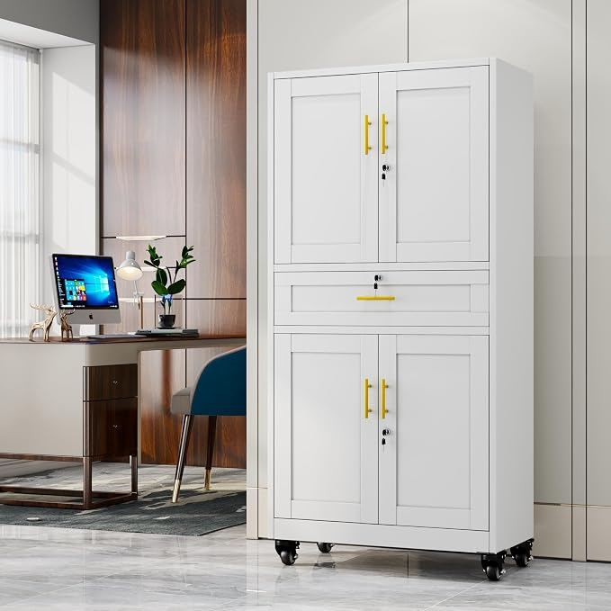 GAIOUS Metal Garage Storage Cabinet with Wheels and Drawer, Steel File Cabinet for Home Office, 74'' Tall Tool Cabinet with 4 Locking Doors and 3 Adjustable Shelves, Rolling Cabinet for Garage - White