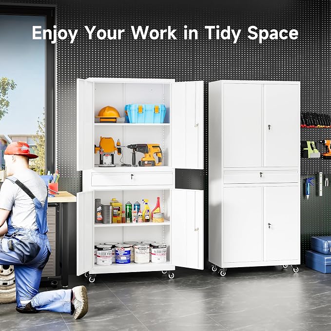 White Metal Storage Cabinet with Wheels and Drawer,Rolling Garage Cabinet with Locking Doors and Adjustable Shelves,73" Mobile Tall Large Metal Cabinets for Home,Office,Garage,Shop