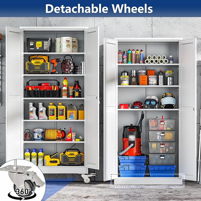 Ckzbx Metal Garage Storage Cabinet with Locking Doors and Adjustable Shelves,75" H Rolling Tool Storaget with Wheels for Garage,Office (White)
