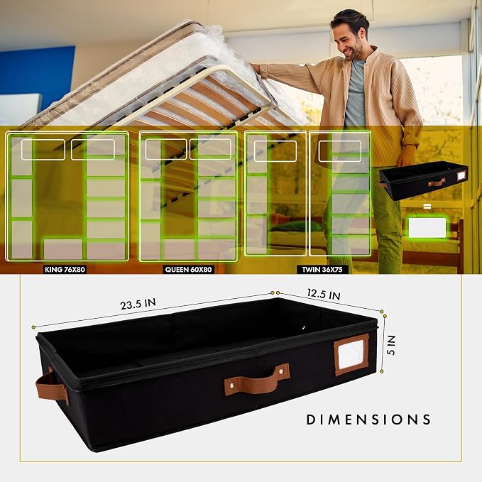 HOMELUX THEORY Under Bed Storage, Medium 2pc with Lid, Black | Drawer-style pull-out design, Fits blankets, clothes, fabric & shoes, Bins with lids, Bedroom & closet storage