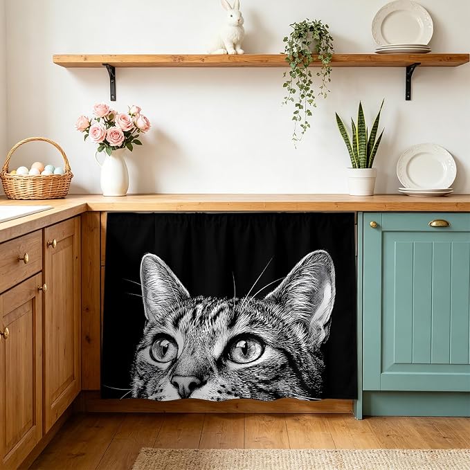 Cute Cat Cabinet Curtain 28"Wx35"L, Dustproof Under Sink Skirt with Self Adhesive Tape, Vintage Funny Pet Cat Portrait Black Cabinet Curtain Cover for Bathroom Vanity, Kitchen Sink, Laundry Room