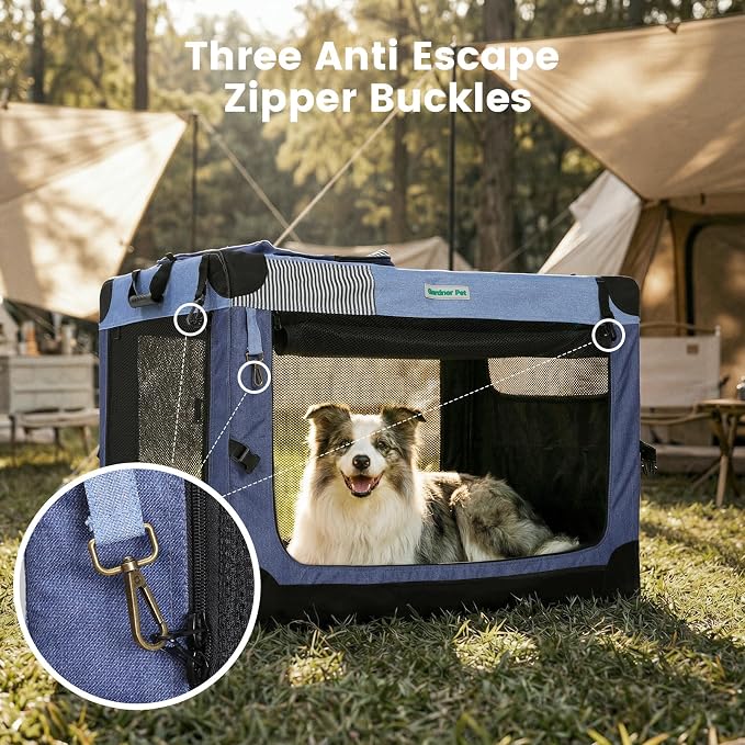 Gardner Pet Soft Collapsible Dog Crate - 36 Inch Portable Travel Dog Crate for Medium/Large Dogs Indoor & Outdoor, 3-Door Pet Crate with Durable Mesh Windows & Storage Bag, Blue