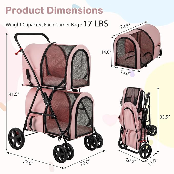Giantex Double Pet Stroller with 2 Detachable Carrier Bags, Safety Belt, 4 Lockable Wheels, Folding Cat & Dog Stroller for Small Medium Pets, Cats Dogs Puppy Travel Strolling Cart (Pink)