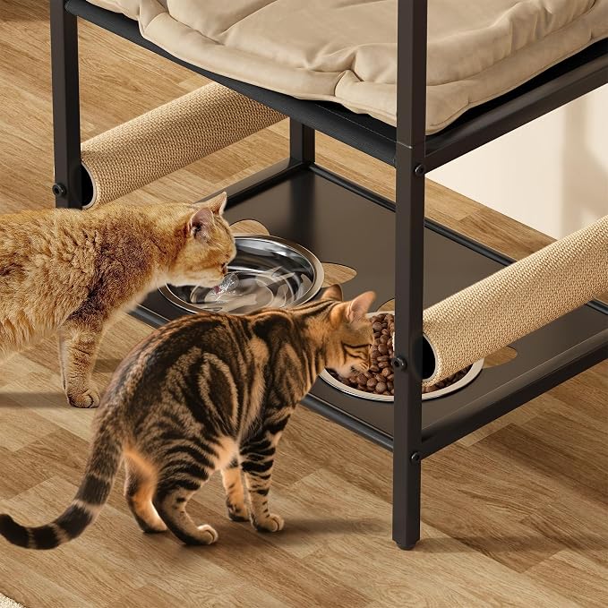 Cat Feeding Station Furniture with Scratching Post, 3-Tier Cat Food Organizer & Storage, Raised Feeding Stand with 2 Stainless Steel Bowls, Space-Saving Cat Shelf for Small Spaces, Black