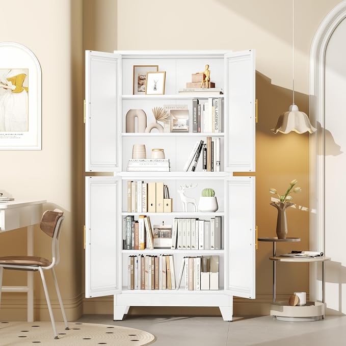 GAIOUS 75.2" Tall Metal Pantry Cabinet,White Kitchen Pantry Storage Cabinet | with 4 Doors and 4 Adjustable Shelves, Steel Storage Cabinets, Freestanding Cupboard for Kitchen Dining Living Room Bathroom